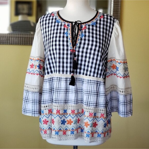 Daniel Rainn Tie Neck Gingham Embroidered Floral Eyelet 100% Cotton Top Large - Picture 5 of 12